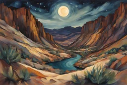 Painting of a mythical desert canyon paradise beneath a star strewn summer night sky, in the Expressionist style of Egon Schiele, Oskar Kokoschka, and Franz Marc, in muted natural colors