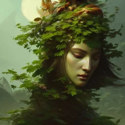 a beautiful portrait of a plant goddess with closed eyes by Greg Rutkowski and Raymond Swanland, Trending on Artstation, ultra realistic digital art