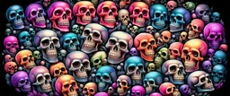 a field of 1000s of cartoonish, anatomically correct, skulls, vivid RANDOM BRIGHT neon colors, dark comedy, well lit, high detail, photorealistic, horrorcore, fun, scary, dead, 100% detail on all drawn, nothing partial or filler, by fictional tattoo artist, all orbiting a black hole