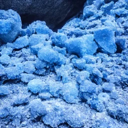 blue crystals, in a foggy cave