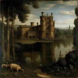 A factory near a lake painted by Leonardo da Vinci