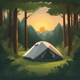 artwork of t-shirt graphic design, flat design of a lone tent in the lush forest, colorful shades, highly detailed clean, vector image, photorealistic masterpiece, professional photograph, simple sunrise backdrop for monster, flat white background, isometric, vibrant vector