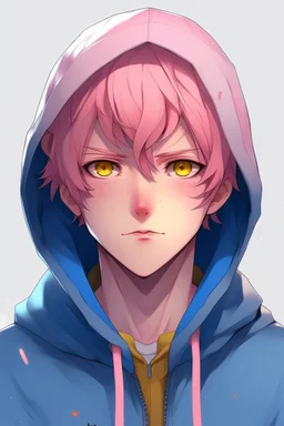 An anime man with messy short pink hair and narrow gold eyes wearing a blue hooded jacket Realistic.