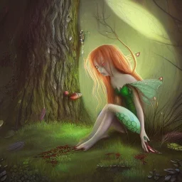 A portrait of a Little fairy woman with green skin and red long hair, sitting under the large Amanita muscaria mushroom in the magic forest, concept art, dark fantasy style, dark and spook, illustration, digital art, d&d, very cute,Masterpiece, best quality, sharp line, sharp focus, rear view : digital painting extremely detailed fantasy beautiful award winning high definition colourful very cute ,correct ai auto settings.