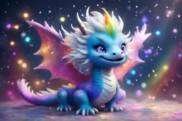 kind fluffy rainbow dragon with shiny silver hair in glitter and blue eyes and smile, hair sprinkled with glitter dust, magic glitter, full length, unreal engine render