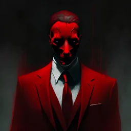 a sinister figure wearing a red suit with a red tie with no face and dirty slicked back hair