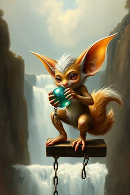 glorious transparent transcendent cute hairy gremlin elf fairy fox holding ball in chain on a balcony over waterfall, painted by Rembrandt