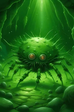 A green virus with spikes and eyes in a cave full of spiders