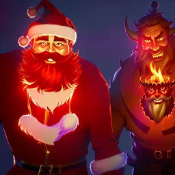 Santa Claus and fire demon, The Devil, christmas card art