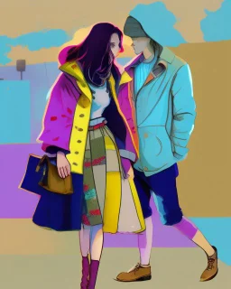 whimsical arafed nonsense, patchwork vibe, a young woman and a young man are strolling down a rainy whimsical downtown street (((with their arms linked))), (((exaggerated body parts))), (((oversize head))), sharp color contrasts, amazing shadows, (((exaggerated limbs and head))), minimal cozy, warm palette, bright bold warm summer colors with yellow orange black colors, color leak, heavily distorted views, amazing parallels