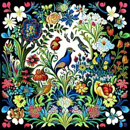 Illustrate a vibrant garden blooming with diverse flora and fauna, representing creativity and inclusivity. Show different species of plants and animals coexisting harmoniously, symbolizing the value of diversity and inclusion in fostering creativity. Rosemaling style