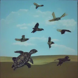 turtle and sky with a flock of birds