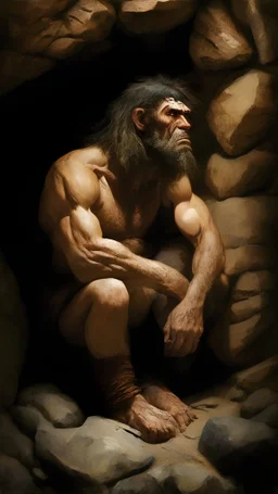 A man in a cave in the Stone Age, distinguished by his harsh facial features, muscular muscles, and a furry body. The man sits firmly on the ground with his back to the stone wall and his eyes look straight ahead with focus and attention. The man wears clothes made from the skin of local animals and decorated with ribbons