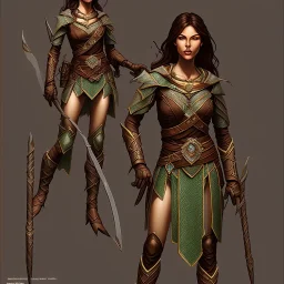 dungeons and dragons, female wood elf, druid, brown hair, brown eyes, full body, realistic face, short hair, large nose, closed mouth, leather armor, dark skin, one person, blue scarf