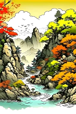 Draw the chinese landscape picture with line image, hard style, Pigment, colored
