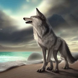 cute realistic detailed wolf dragon, 8k resolution, realistic, standing in front of the ocean on the beach, angel wings on the moon