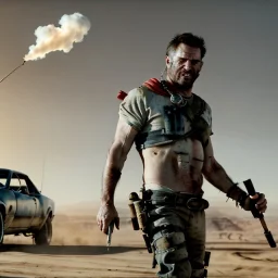 Ultra realistic mad max scene. Strong man, smoke torch , waist up view, Wes Anderson style, happy, highly detailed, concept art, unreal engine 5, god rays, ray tracing, RTX, lumen lighting, ultra detail, volumetric lighting, 3d, finely drawn, high definition, high resolution.