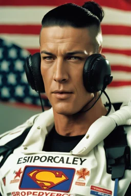 20-year-old, extremely muscular, short, buzz-cut, military-style haircut, pitch black hair, Paul Stanley/Elvis Presley/Keanu Reeves/Pierce Brosnan/Jon Bernthal/Sean Bean/Dolph Lundgren/Patrick Swayze/ hybrid, as the extremely muscular Superhero "SUPERSONIC" in an original patriotic red, white and blue, "Supersonic" suit with an America Flag Cape,