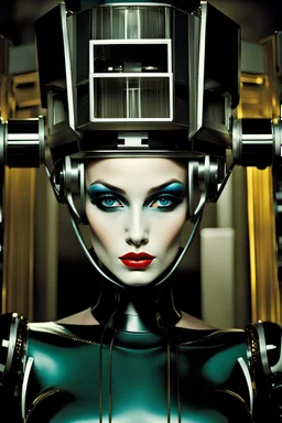 female humanoid robot, beautiful like a supermodel from the sixties, beautiful eyes, sexy, most beautiful, helmut newton, evil woman, hypnotic eyes, polaroid colors, electric sexuality