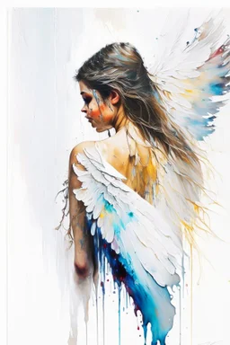 A detailed illustration of a beautiful young female human with growing out of her back. Her skin, hair and face are all made of paint. Her wings are spread. Front view. Highly detailed flawless facial features and eyes. Abstract Oil painting splash art. White background, wide angle, abstract design, beautiful, thick flowing paint strokes, dripping paint, fantasy art, modern art, ((soft happy complimentary colors,)) modern aesthetic, focused on the character, 4K resolution.