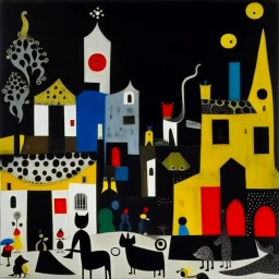 A black village in a shadow realm painted by Joan Miro