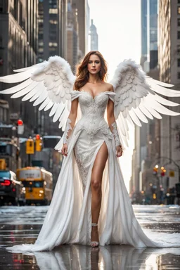 Front view excellent realistic portrait Beautiful Angel straddle wings with covering luxury Victorian gown,walking at new York City street