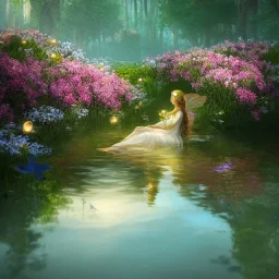 high-quality, fine-detail closeup of beautiful, stunning fairy sitting beside a clear, reflective lake, flowers, butterflies, small globes of iridescent light, tranquil, gorgeous, 8k resolution, 3D octane render, intricate, digital art, detailed matte, volumetric lighting, George Grie, Anne Dittman, Anne Stokes, Lisa Parker, Selina French,