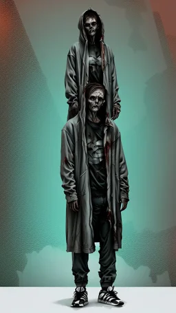 Create an ultra-wide photo of a decrepit zombie wearing an Adidas coat and hood, set against an abstract background. The overall style of the image should be a minimalist fashion with an Artgem twist. The zombie should be rendered in a decrepit and cadaveric style, with a focus on creating a sense of horror and decay. The Adidas coat and hood should be rendered in high detail, with a focus on capturing the texture and style of the clothing. The background of the image should be an abstract desig