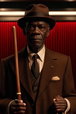 A black man standing behind the movie theater, his face is black, with light red eyes and sharp teeth, he is wearing a formal suit and a black hat, and he is holding a golden cane.