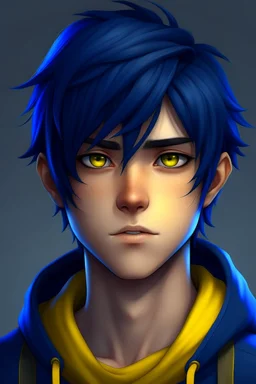 handsome young man with dark blue hair and yellow eyes anime realistic