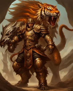 A combination of a dragon and a tiger and a commander riding on it Warrior warrior with leather and metal clothes and robotic metal