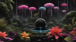 Exotic flora and fauna dripping black liquid in a Multiverse background