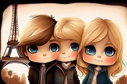 cute blonde blue eyed chibi girl and a brown haired brown eyed mexican chibi boy in love in Paris