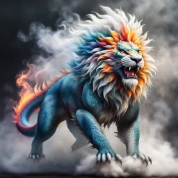 a sturdy colorful lion-like asian dragon with curly white fur, smokey breath and fire, claws, spikes along back, a long tail, moving forward out of the smoke and mist