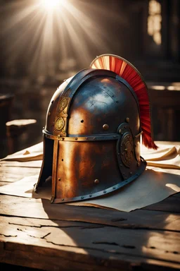 The Roman centurion's helmet lies on an old cracked wooden table. Next to the helmet, on the table, lies a cross on a string and a scroll of parchment. A ray of sunlight reflects off the helmet. All around is the entourage of ancient Rome. High quality image in 8K