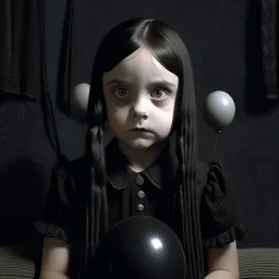 wednesday addams as a child, braids, a frange, a black balloon, polaroid, 1970s, empty black room, no emotion on her cold face