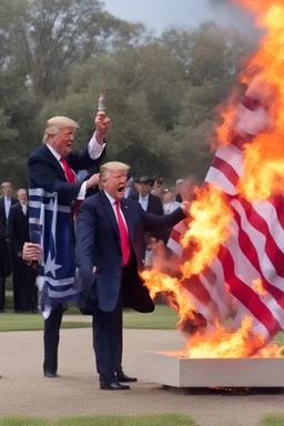 donald trump lights the american flag on fire while maniacally laughing