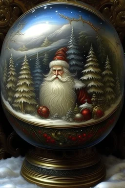 Beautiful old 1800's style oil painting, intricate beautiful detail of the highest grade, within a snowy ice palace is an icy crystal globe with Santa Clause long white beard inside by decorated Christmas tree, no flaws, perfect proportions, don't show hands, eyes and face perfect