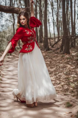 fullbody shot of young-beautiful-girl-with-a-perfect-face standing in green trees