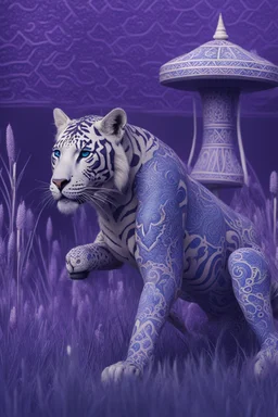 A 🐊+🐯+🐆 from ancient times. Decorated with solid bones resembling a blue tattoo. It is located on a field of purple patterned grass. Space white. Minute detail, high quality.