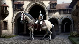 king on his horse in the castle courtyard