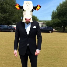 A cow wearing a suit and tie