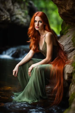 Close UP, delicate, cute, soft, skinny belly red haired Young lady, Green eyes , cave waterfall, medieval