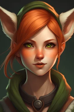 A female with short red hair, dark green eyes, large orange fox ears on top of her head, slight smile, pale skin, realistic