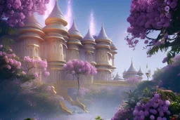 a magical crystal flower lys bougainvillier, blue gold house indian palace castle in the woods, , concept art, smooth, sharp focus, illustration, 8k, splash art, wallpaper, key visual