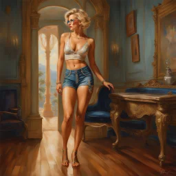 full length low angle airbrush portrait of young barefoot woman standing legs apart, wearing crop top and silk shorts with blond hair in pixie haircut, tan complexion, and wireframe glasses, sapphire pendant, confident expression, by pino daeni bare feet resting on hardwood floor, in opulent parlor with antiques, relief hangings, and a crystal decanter, perfect toes, pedicure