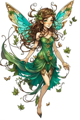 Forest fairy with iridesand teal wings and a cute short leaf dress and pointed ears and multiple vine earings and ear cuffs flying through a mythical forestand brown wavy hair trailing her