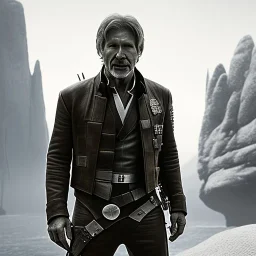 portrait of harrison ford as captain han solo, brown eyes, with realistic and extrem light facial skin, cinematic lighting, photorealistic, volumetric light and shadow, hyper HD, octane render, unreal engine, insanely detailed and intricate, hyper-realistic, space background, watercolour on white paper