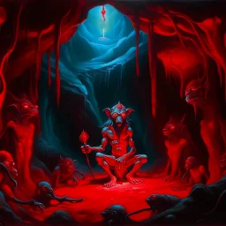 An painting of Hindu god YAMA with animal in a cave, neon red colors, high detail, dark vibe