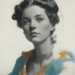 Norman rockwell sketch of a woman, orange, turquoise, yellow